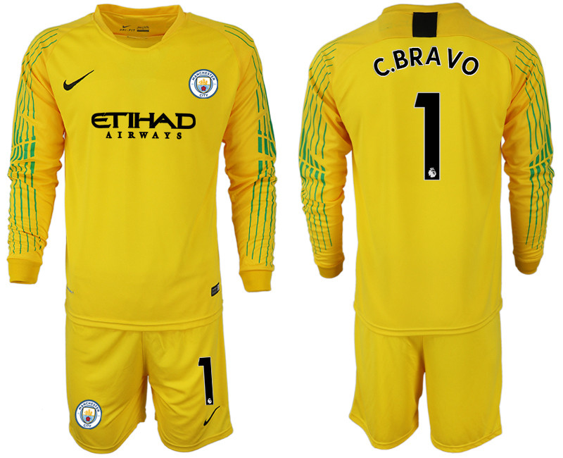 2018 19 Manchester City 1 C.BRAVO Yellow Long Sleeve Goalkeeper Soccer Jersey