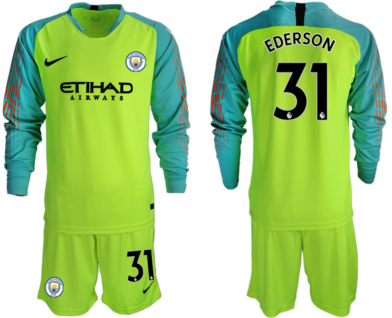 2018 19 Manchester City 31 EDERSON Fluorescent Green Long Sleeve Goalkeeper Soccer Jersey