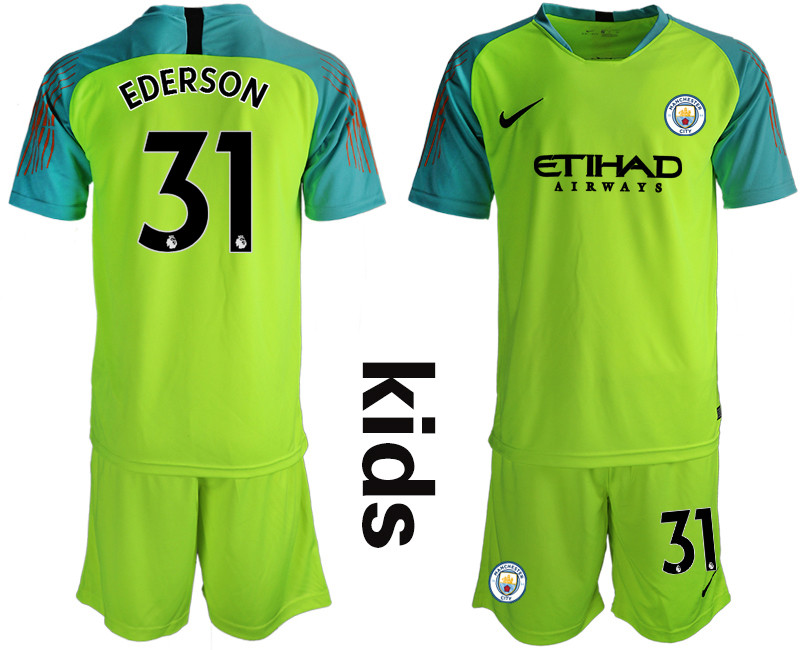 2018 19 Manchester City 31 EDERSON Fluorescent Green Youth Goalkeeper Soccer Jersey