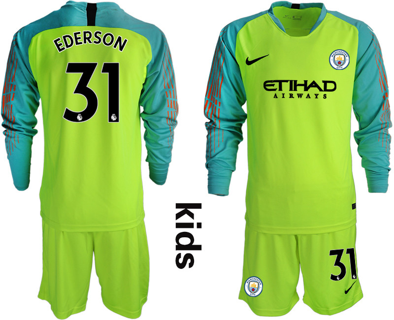 2018 19 Manchester City 31 EDERSON Fluorescent Green Youth Long Sleeve Goalkeeper Soccer Jersey