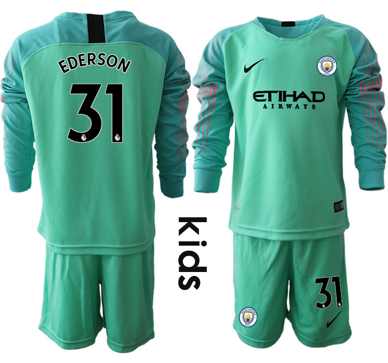 2018 19 Manchester City 31 EDERSON Green Youth Long Sleeve Goalkeeper Soccer Jersey