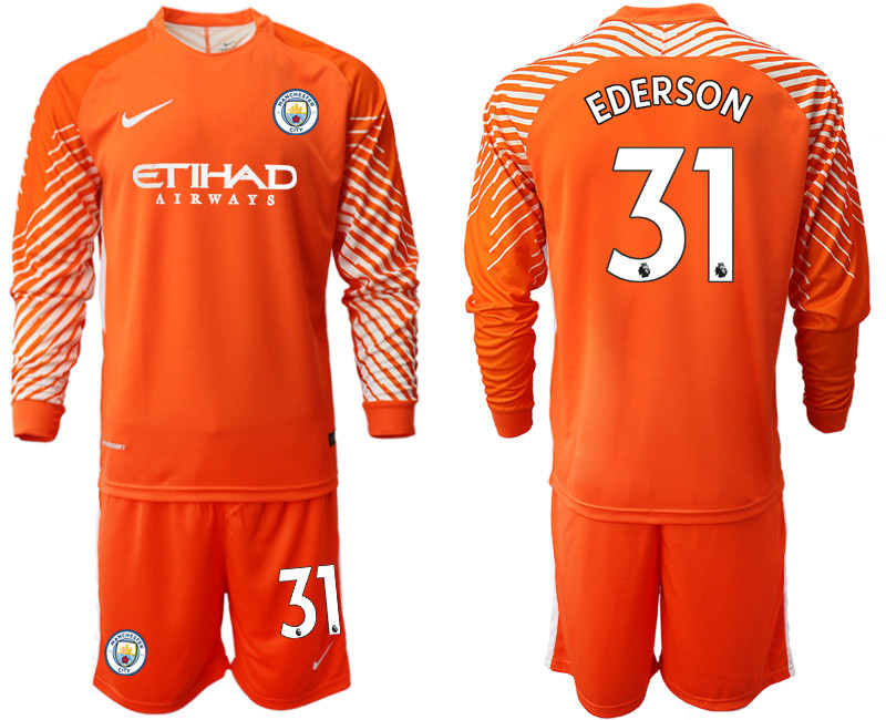2018 19 Manchester City 31 EDERSON Orange Long Sleeve Goalkeeper Soccer Jersey