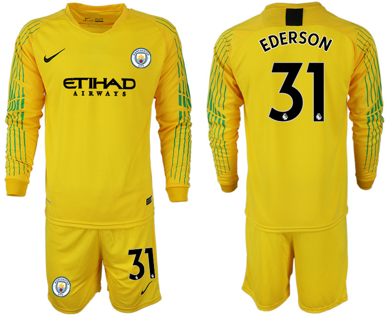 2018 19 Manchester City 31 EDERSON Yellow Long Sleeve Goalkeeper Soccer Jersey