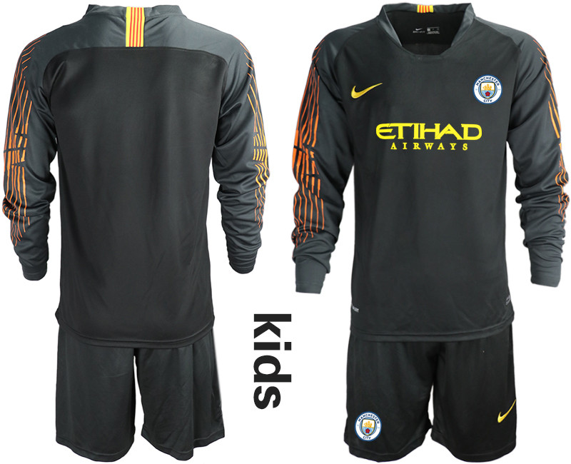 2018 19 Manchester City Black Youth Long Sleeve Goalkeeper Soccer Jersey