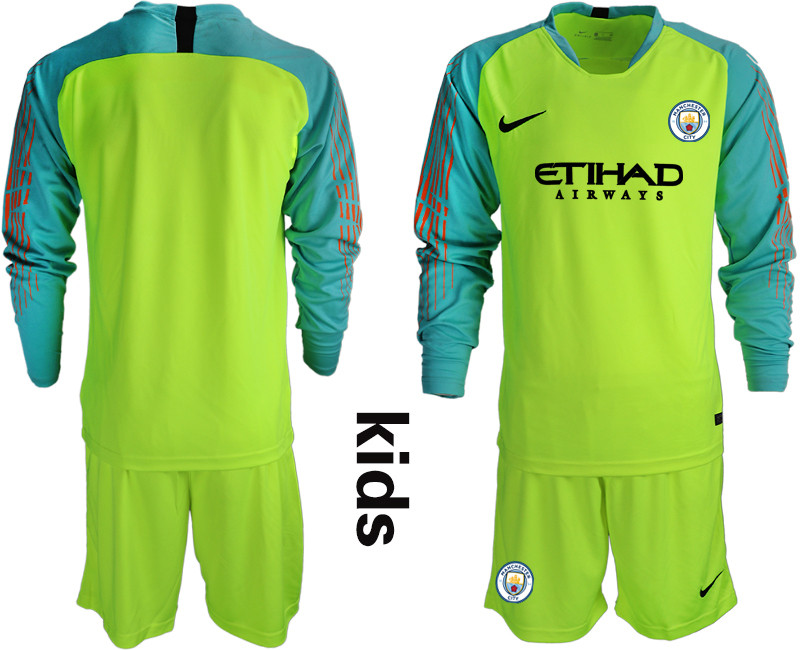 2018 19 Manchester City Fluorescent Green Youth Long Sleeve Goalkeeper Soccer Jersey