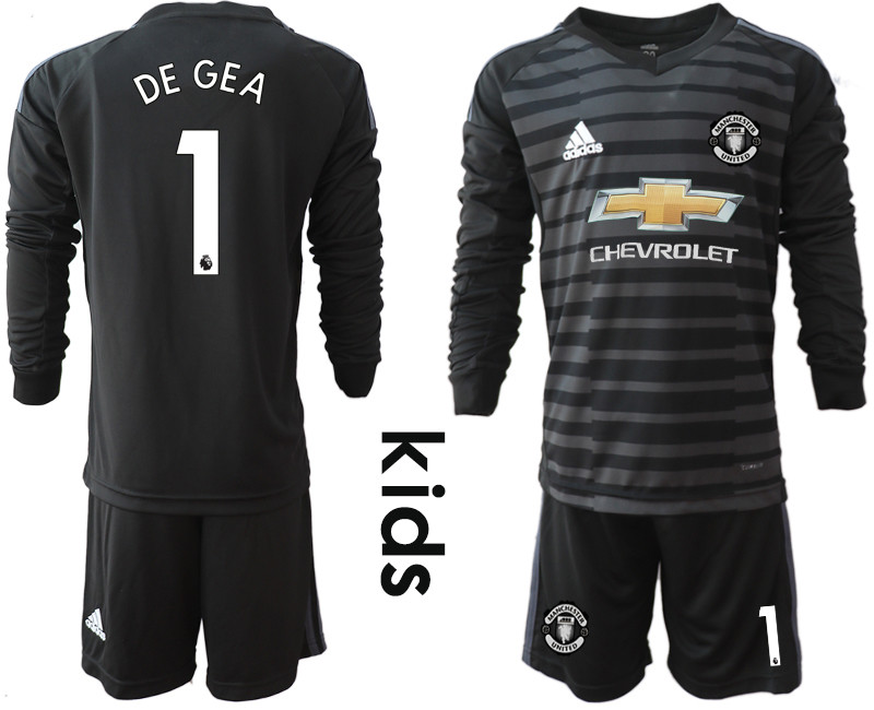 2018 19 Manchester United 1 DE GEA Black Youth Long Sleeve Goalkeeper Soccer Jersey