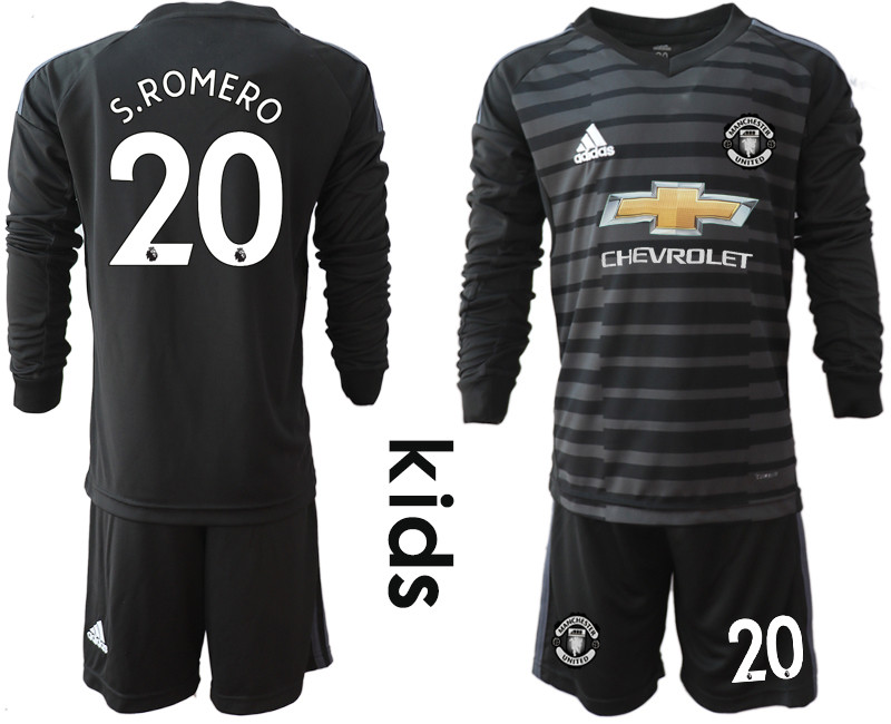 2018 19 Manchester United 20 S.ROMERO Black Youth Long Sleeve Goalkeeper Soccer Jersey