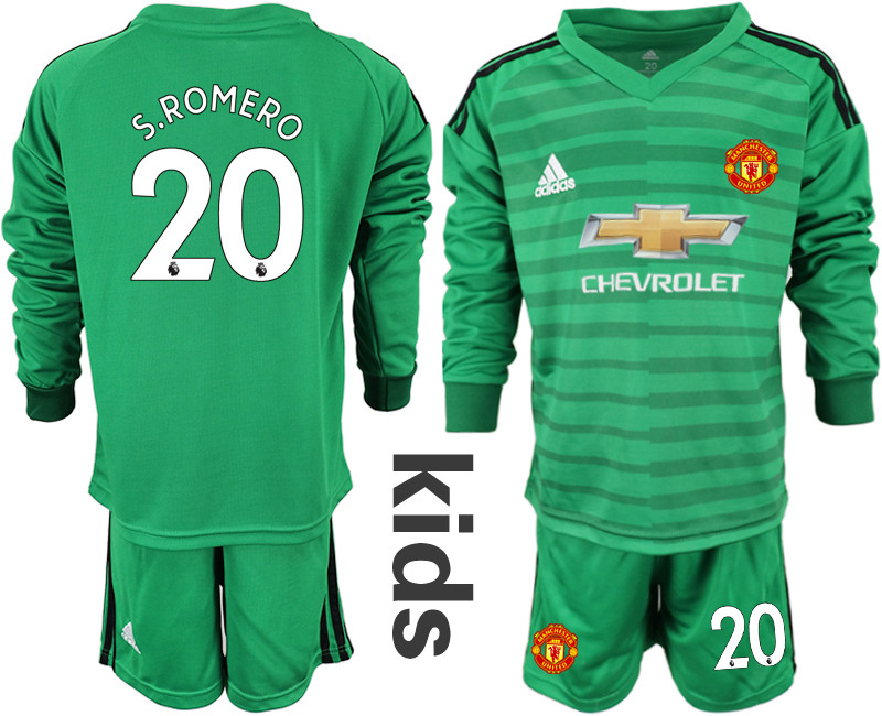 2018 19 Manchester United 20 S.ROMERO Green Youth Long Sleeve Goalkeeper Soccer Jersey