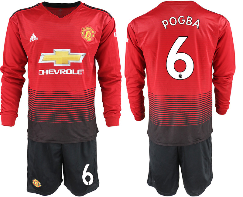 2018 19 Manchester United 6 POGBA Home Long Sleeve Soccer Jersey