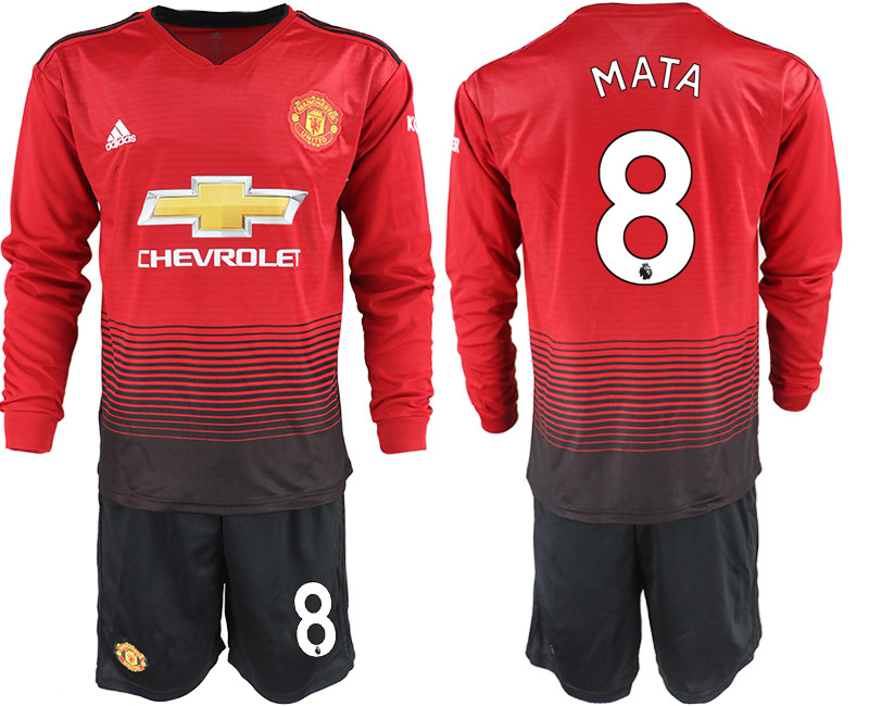 2018 19 Manchester United 8 MATA Home Long Sleeve Soccer Jersey