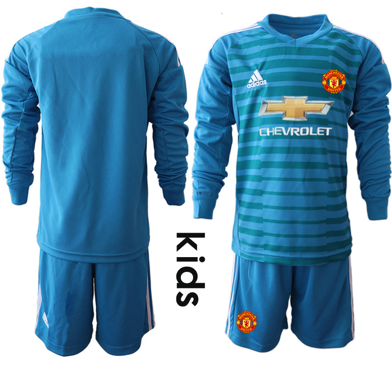 2018 19 Manchester United Blue Youth Long Sleeve Goalkeeper Soccer Jersey