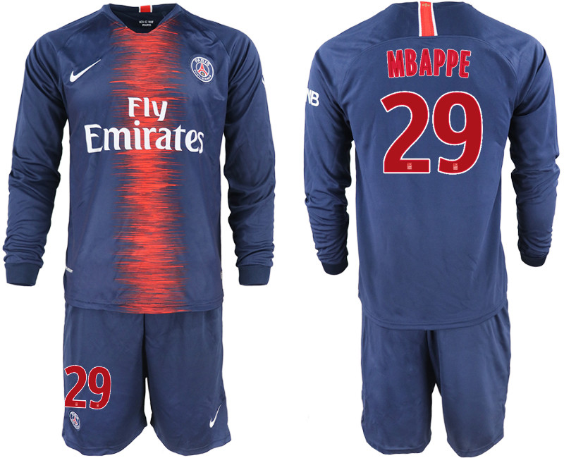 2018 19 Paris Saint Germain 29 MBAPPE Home Long Sleeve Soccer Jersey