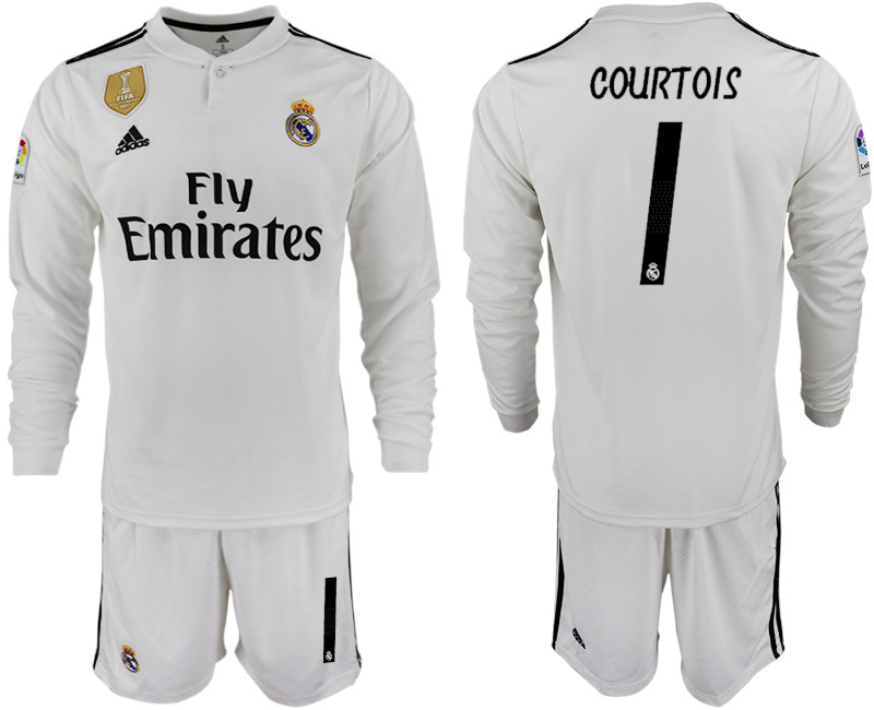 2018 19 Real Madrid 1 COURTOIS Home Long Sleeve Soccer Jersey