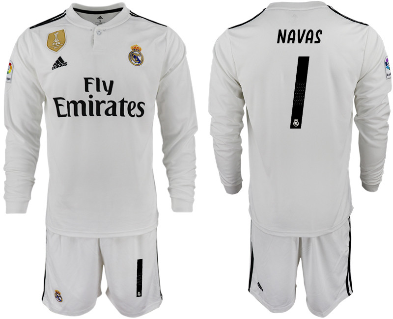2018 19 Real Madrid 1 NAVAS Home Long Sleeve Soccer Jersey