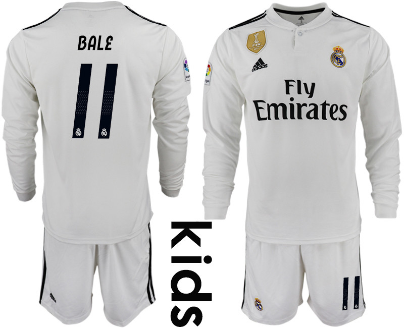 2018 19 Real Madrid 11 BALE Home Youth Long Sleeve Soccer Jersey