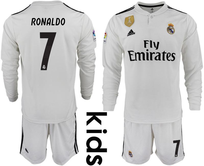 2018 19 Real Madrid 7 RONALDO Home Youth Long Sleeve Soccer Jersey