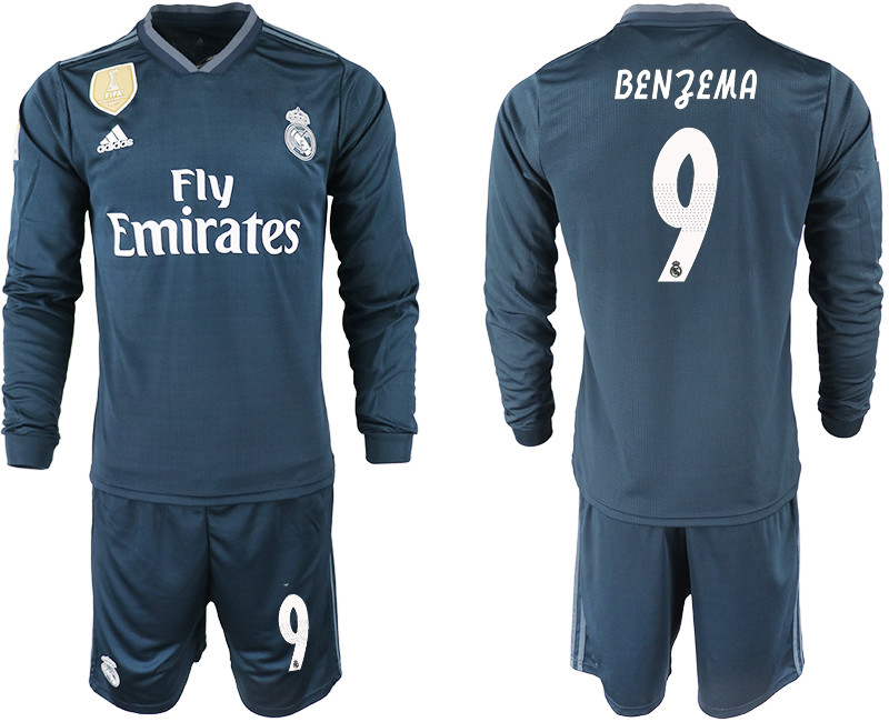 2018 19 Real Madrid 9 BENZEMA Away Long Sleeve Soccer Jersey