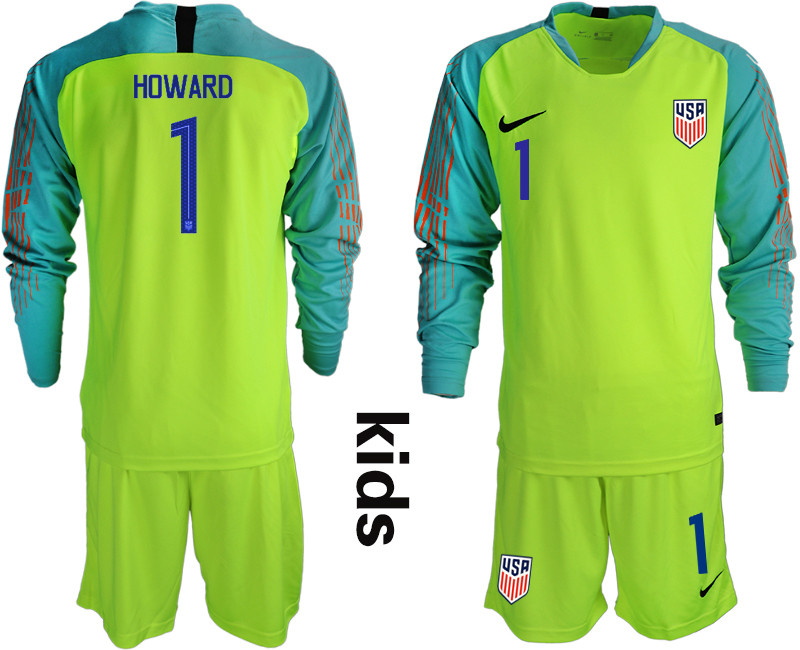2018 19 USA 1 HOWARD Fluorescent Green Youth Long Sleeve Goalkeeper Soccer Jersey