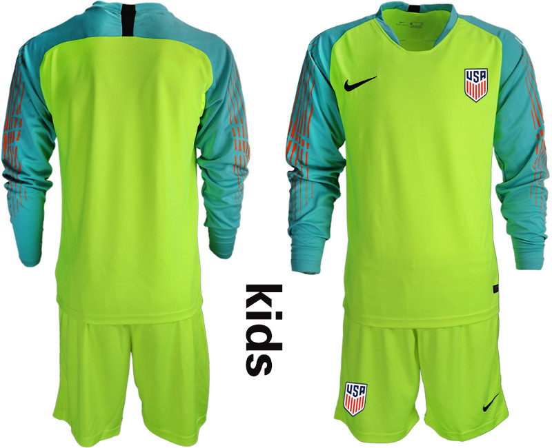 2018 19 USA Fluorescent Green Youth Long Sleeve Goalkeeper Soccer Jersey