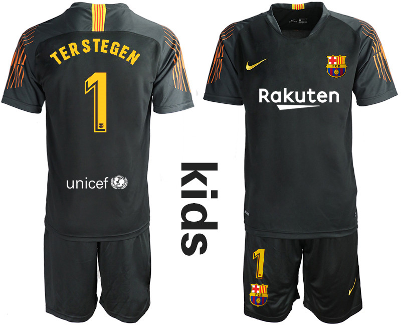 2019 20 Barcelona 1 TERSTEGEN Black Youth Goalkeepe Soccer Jersey