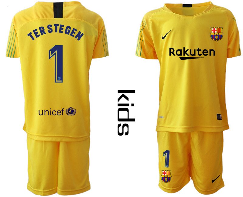 2019 20 Barcelona 1 TERSTEGEN Yellow Youth Goalkeepe Soccer Jersey