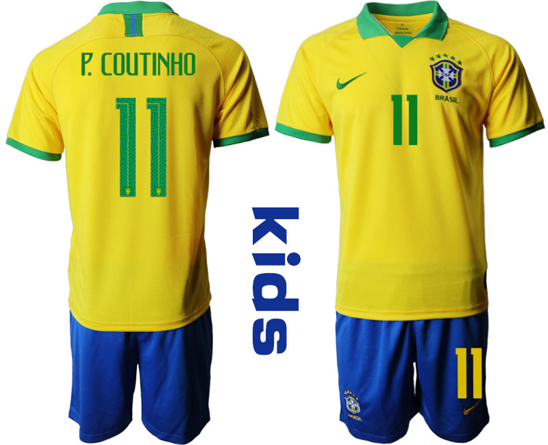 2019 20 Brazil 11 P. COUTINHO Youth Home Soccer Jersey