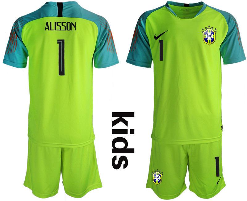 2019 20 Brazil Fluorescent Green 1 ALISSON Youth Goalkeeper Soccer Jersey