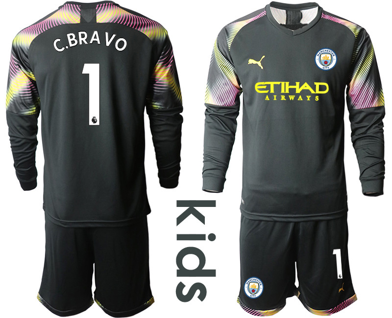 2019 20 Manchester City 1 C.BRAVO Black Goalkeeper Youth Long Sleeve Soccer Jersey