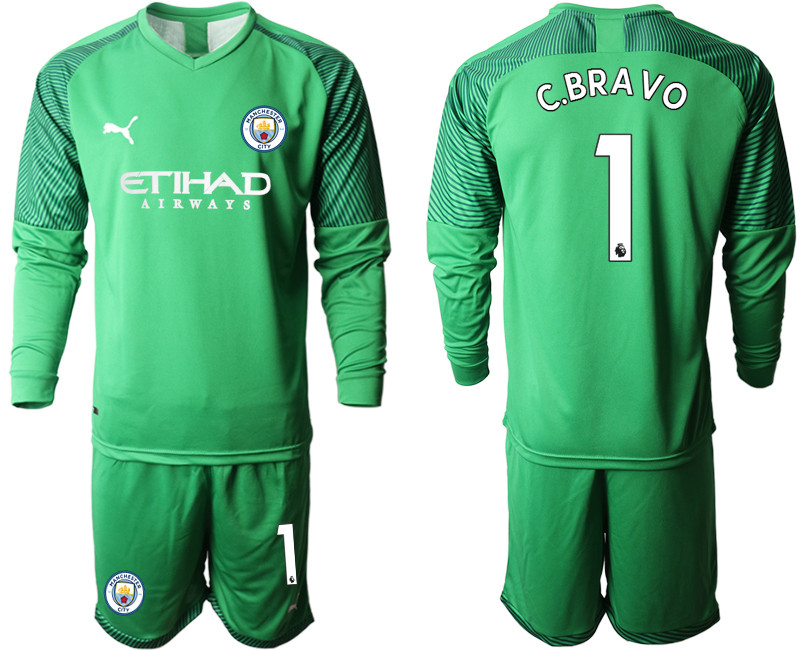 2019 20 Manchester City 1 C.BRAVO Green Goalkeeper Long Sleeve Soccer Jersey