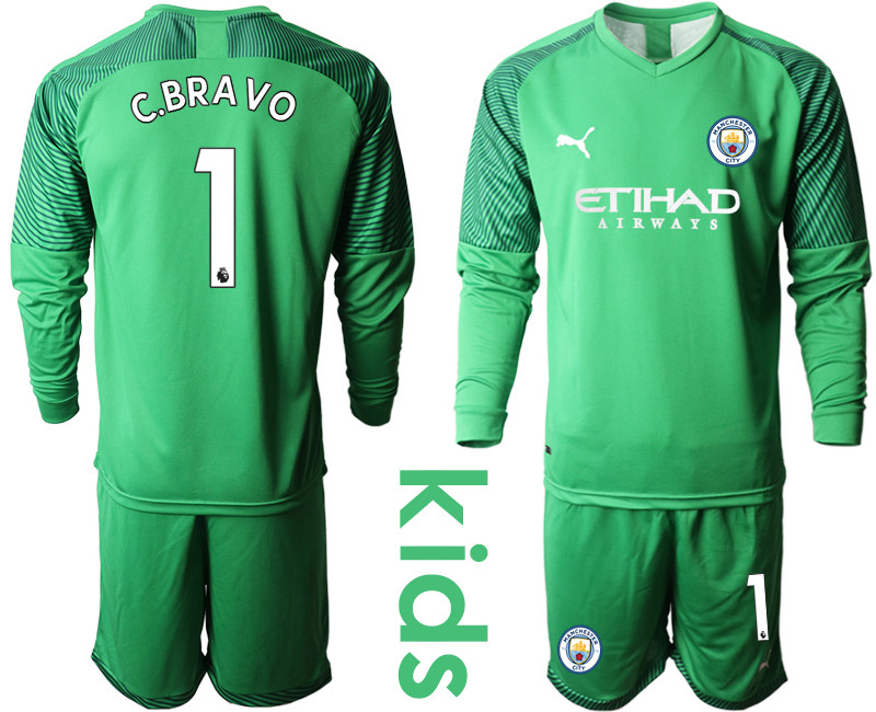 2019 20 Manchester City 1 C.BRAVO Green Goalkeeper Youth Long Sleeve Soccer Jersey