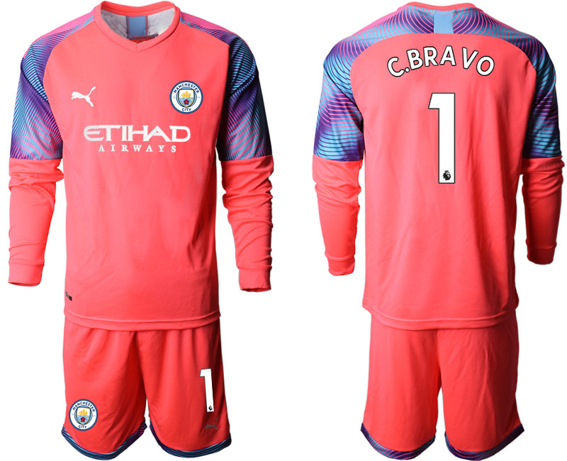 2019 20 Manchester City 1 C.BRAVO Pink Goalkeeper Long Sleeve Soccer Jersey