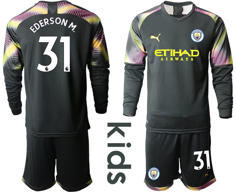 2019 20 Manchester City 31 EDERSON M. Black Goalkeeper Youth Long Sleeve Soccer Jersey