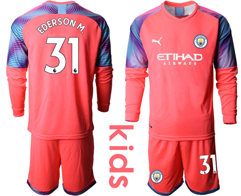 2019 20 Manchester City 31 EDERSON M. Pink Goalkeeper Youth Long Sleeve Soccer Jersey