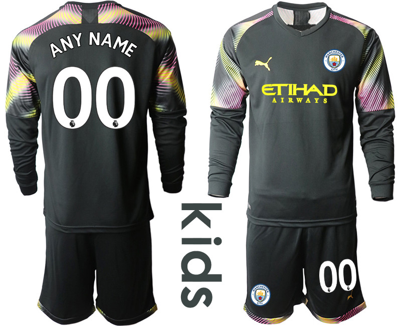 2019 20 Manchester City Customized Black Goalkeeper Youth Long Sleeve Soccer Jersey
