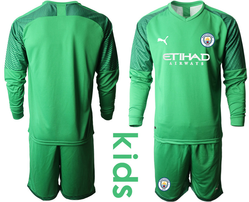 2019 20 Manchester City Green Goalkeeper Youth Long Sleeve Soccer Jersey