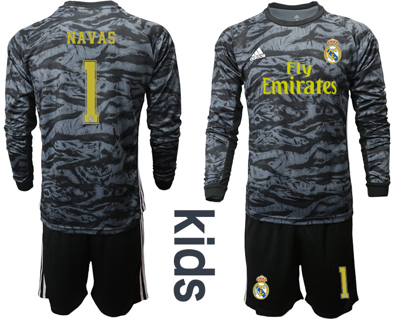 2019 20 Real Madrid 1 NAVAS Black Long Sleeve Youth Goalkeeper Soccer Jersey