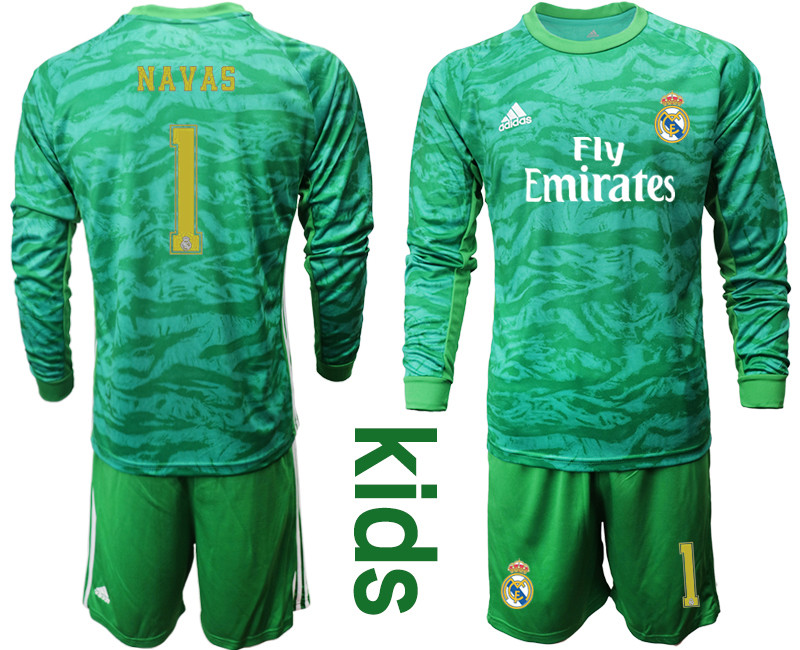 2019 20 Real Madrid 1 NAVAS Green Long Sleeve Youth Goalkeeper Soccer Jersey