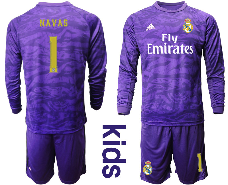 2019 20 Real Madrid 1 NAVAS Purple Long Sleeve Youth Goalkeeper Soccer Jersey