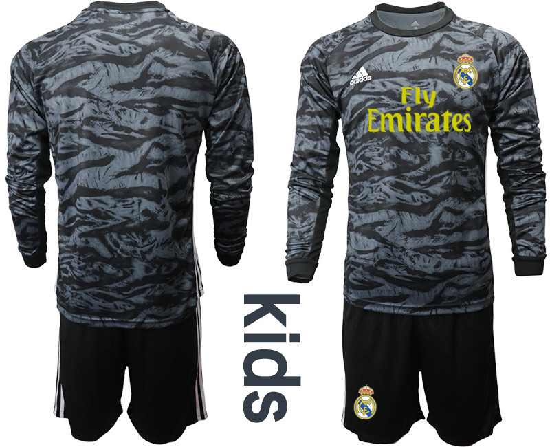 2019 20 Real Madrid Black Long Sleeve Youth Goalkeeper Soccer Jersey