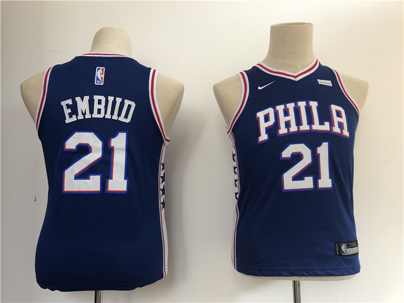 76ers 21 Joel Embiid Blue Youth Nike Swingman Jersey