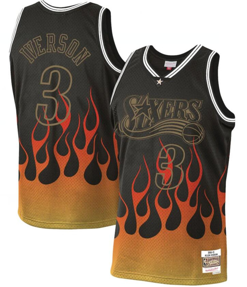 76ers 3 Allen Iverson Black 2000 01 Hardwood Classics Flames Swingman Jersey