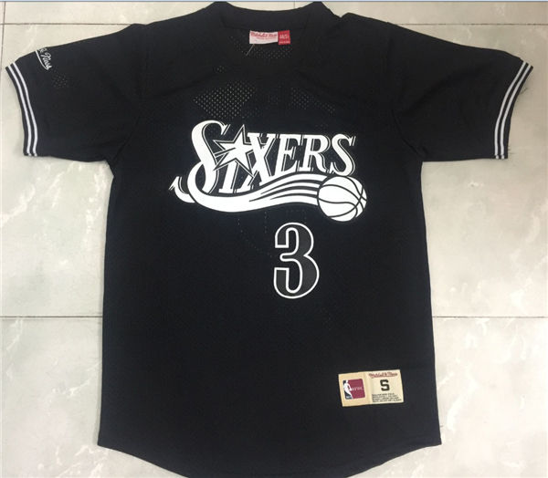 76ers 3 Allen Iverson Black Short Sleeve Mitchell Ness Jersey