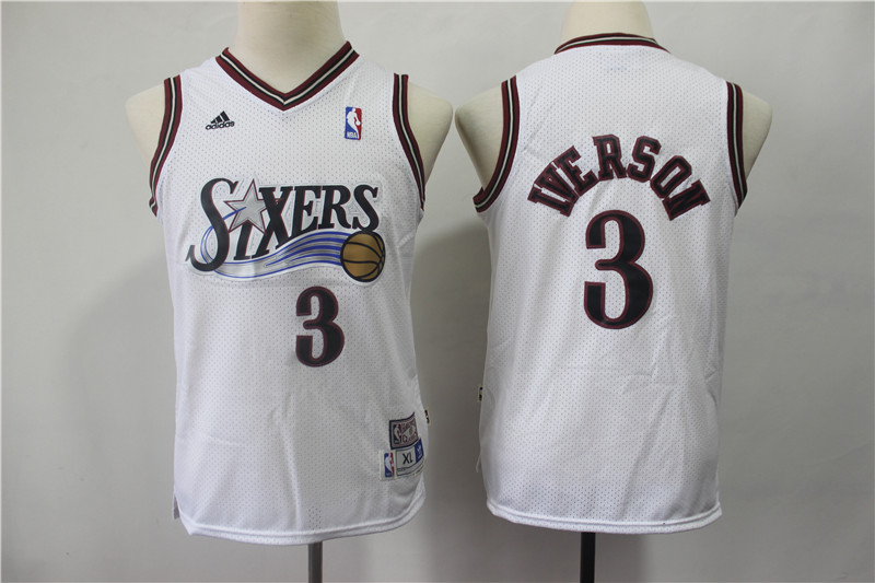 76ers 3 Allen Iverson White Youth Hardwood Classics Jersey