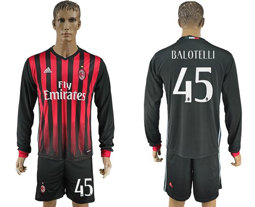 AC Milan 45 Balotelli Home Long Sleeves Soccer Club Jersey