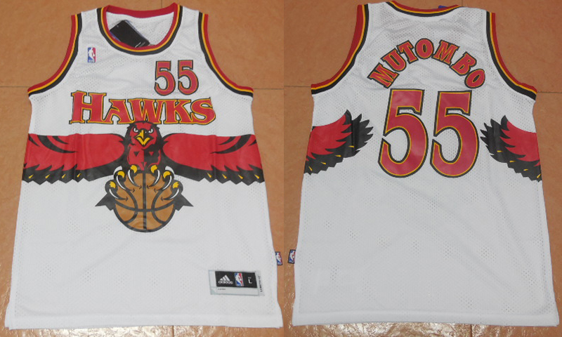  NBA Atlanta Hawks 55 Dikembe Mutombo Swingman Throwback White Jersey