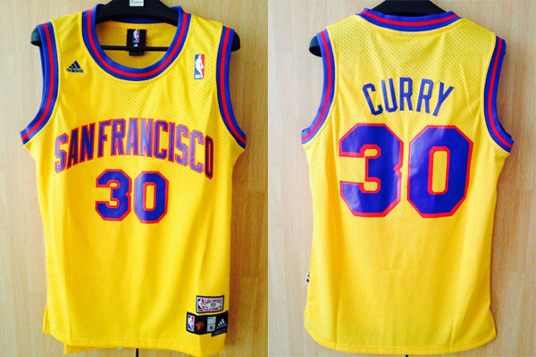  NBA Golden State Warriors 30 Stephen Curry New Revolution 30 Swingman Navy Ywllow Jersey