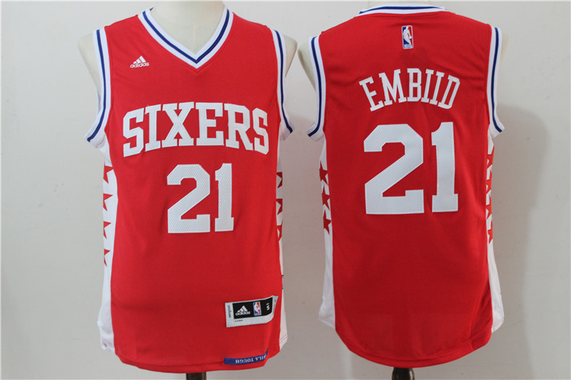  NBA Philadelphia 76ers 21 Joel Embiid New Rev 30 Swingman Throwback Red Jersey