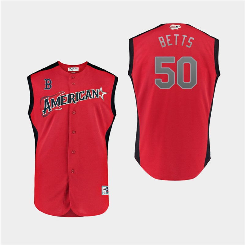 American League 50 Mookie Betts Red Youth 2019 MLB All Star Game Workout Player Jersey