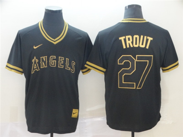 Angels 27 Mike Trout Black Gold Nike Cooperstown Collection Legend V Neck Jersey