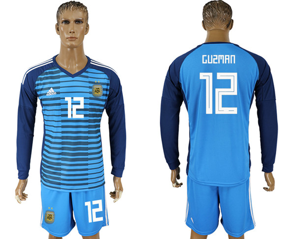 Argentina 12 GUZMAN Lake Blue Goalkeeper 2018 FIFA World Cup Long Sleeve Soccer Jersey